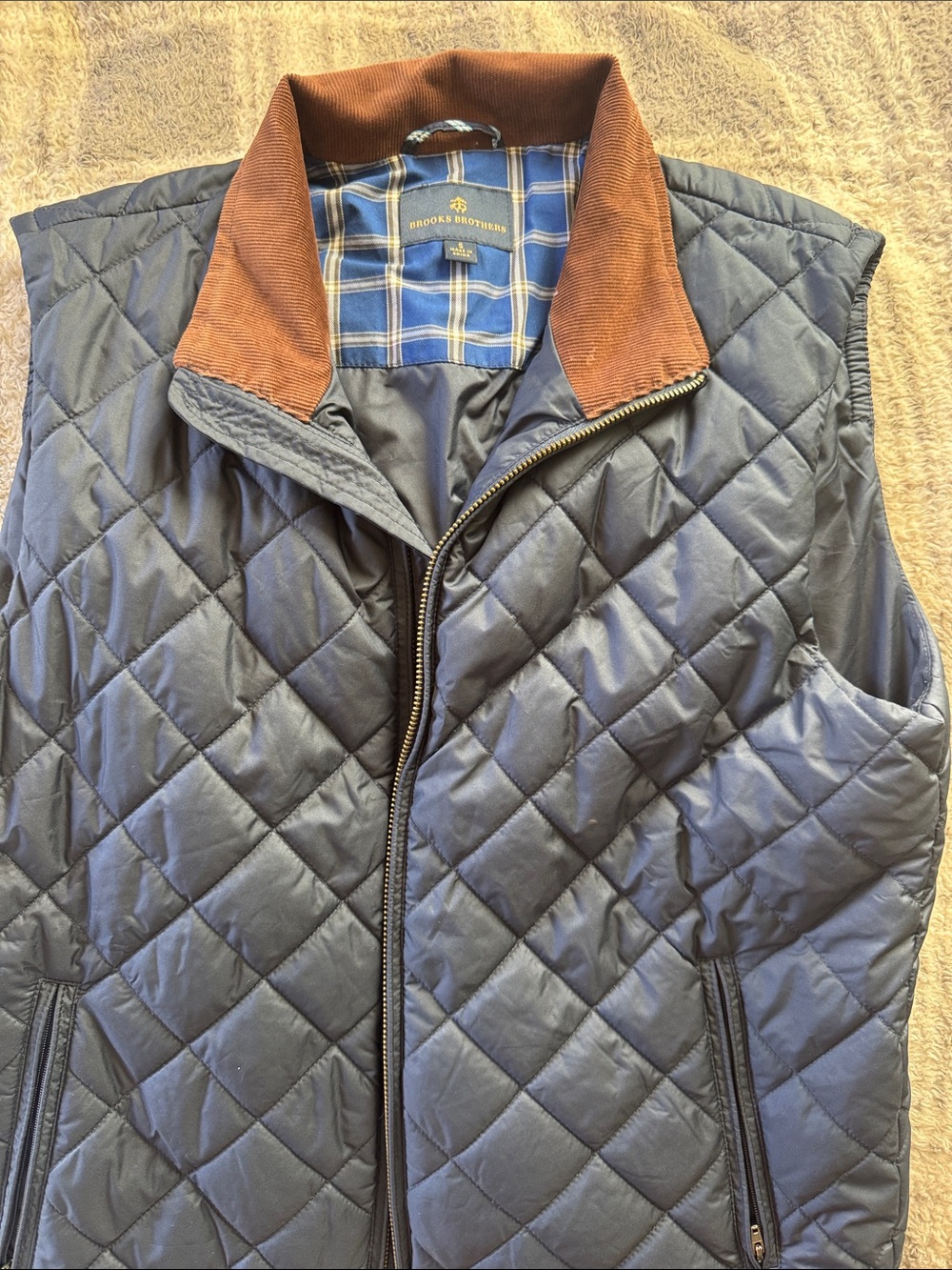 Brooks Brothers Quilted Navy Vest with Brown Corduroy Collar